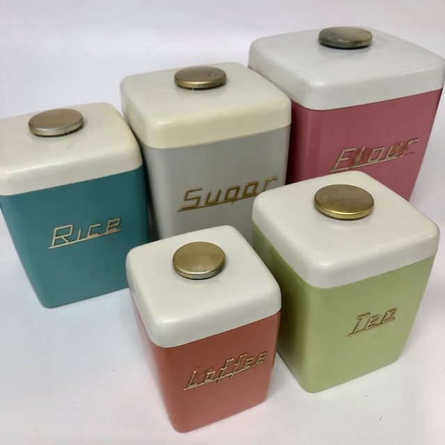 CANNISTER SET, 1950s Muted Colours w Gold Label (Set of 5)